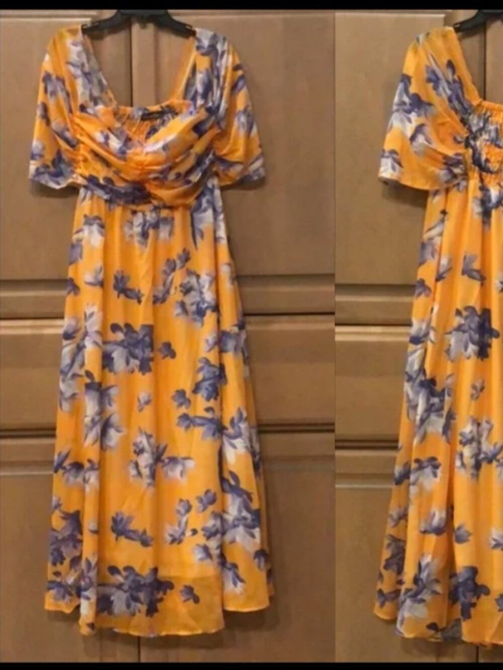 Vintage Gamiss ruched bodice puff sleeve babydoll floral flowy lined maxi dress